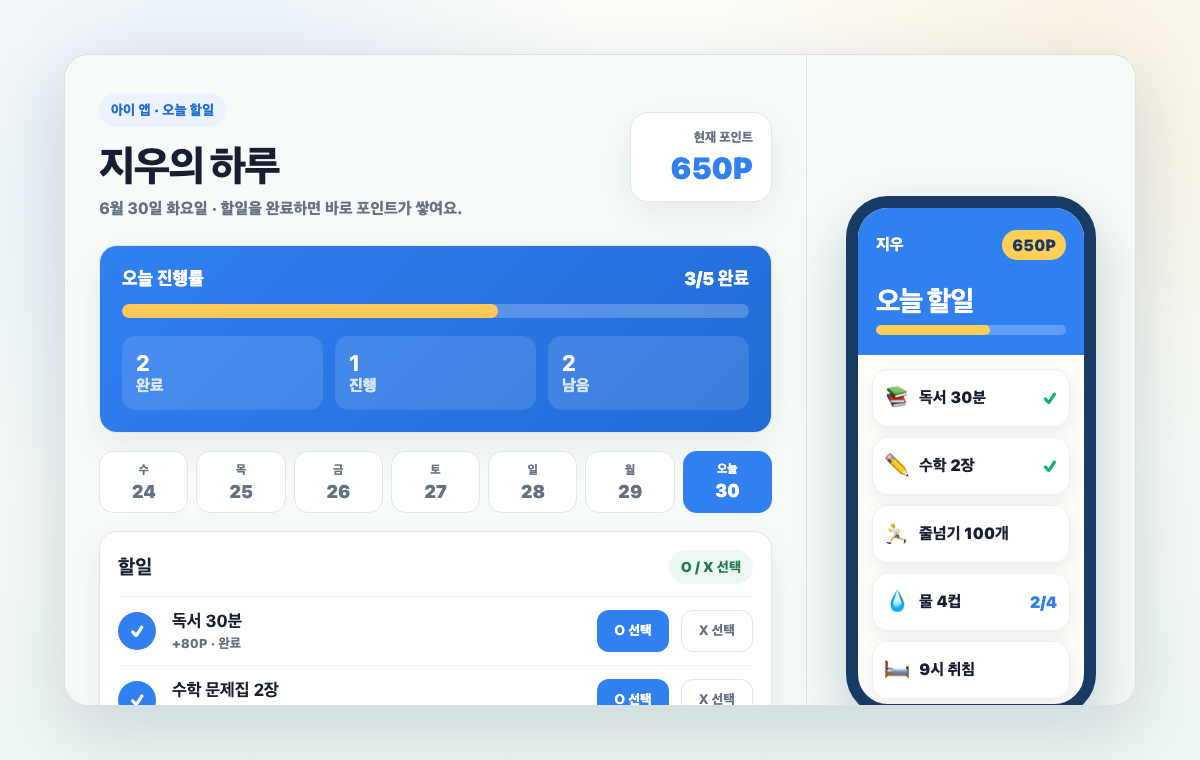 아이가 오늘 루틴을 확인하고 체크하는 실제 화면